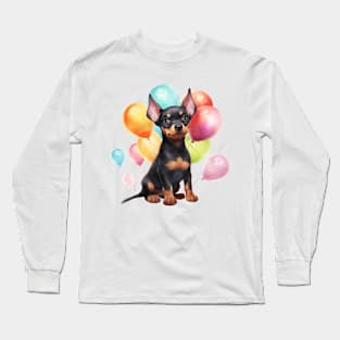 Doberman Pinscher Dog Holding Balloons Long Sleeve T-Shirt